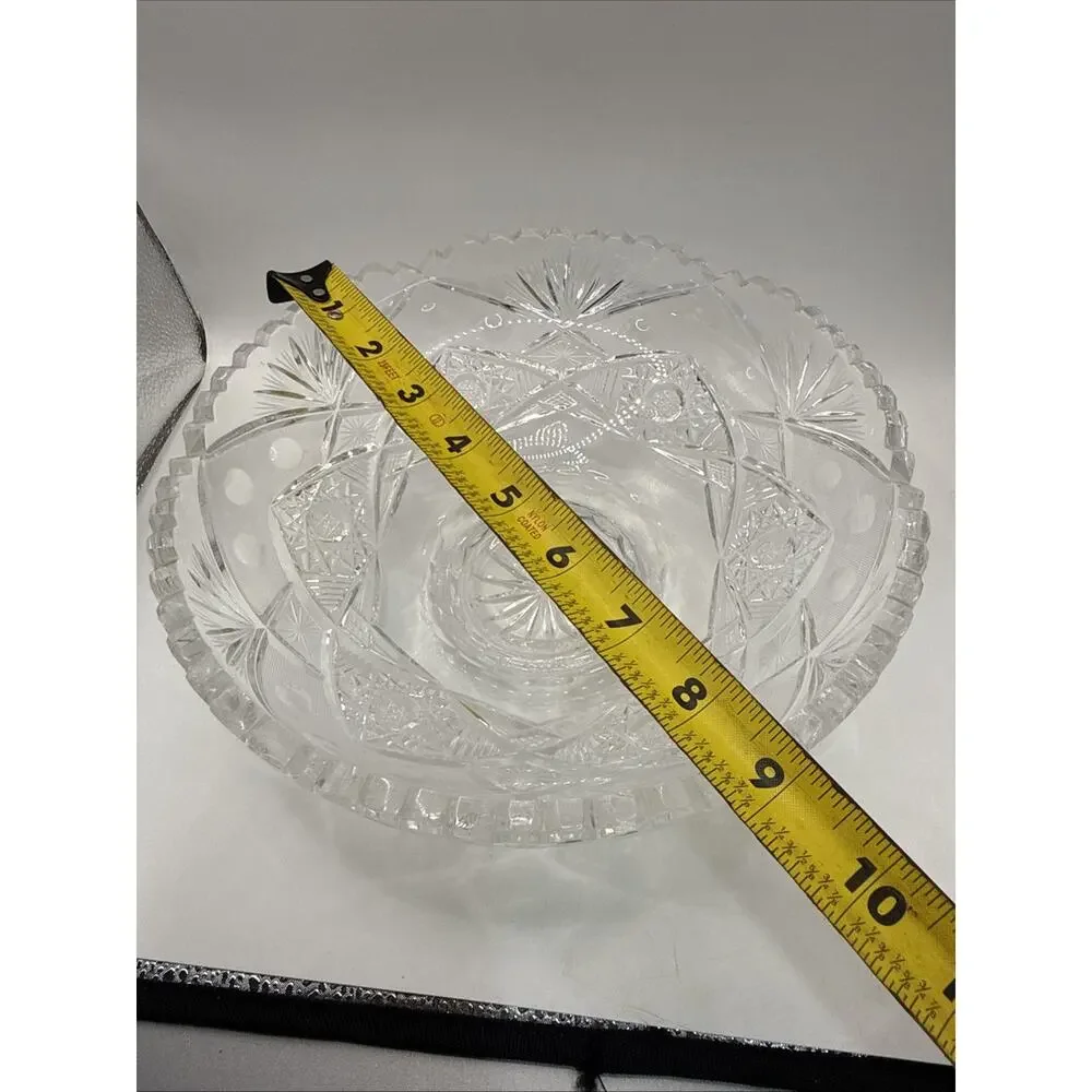 Vintage Heavy Cut Crystal Bowl 9” Starburst Geometric Pattern Centerpiece *